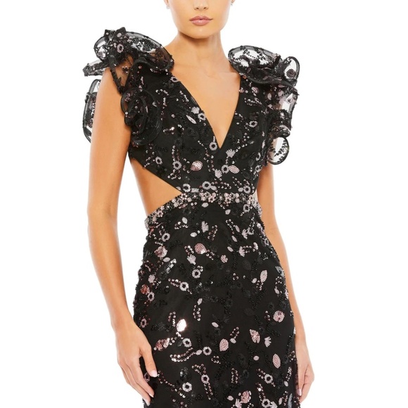 Mac Duggal Sequin Embellished Ruffle Shoulder Lace-Up Back Sheath Gown - Picture 4 of 10